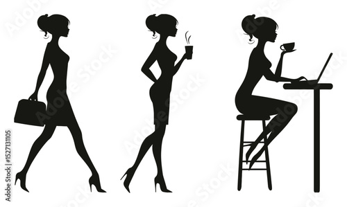 Elegant Silhouettes of Women Engaged in Daily Activities and Professions