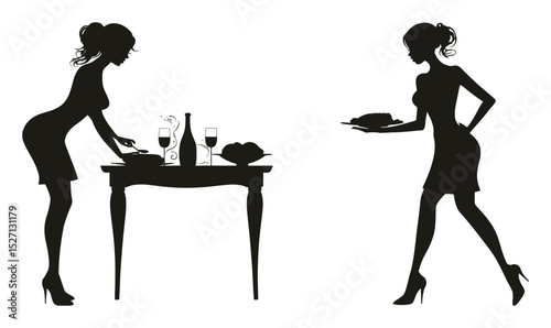 Elegant Silhouette of Woman Serving Dinner and Setting Table