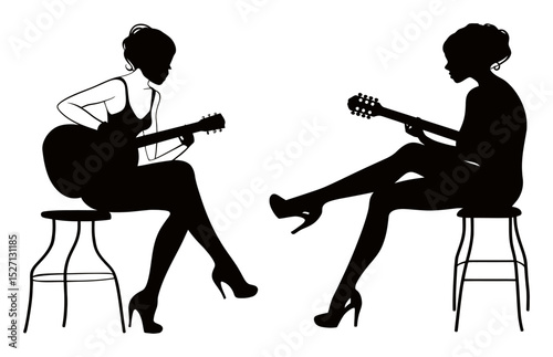 Artistic Silhouette of Two Women Playing Guitar in Elegant Poses