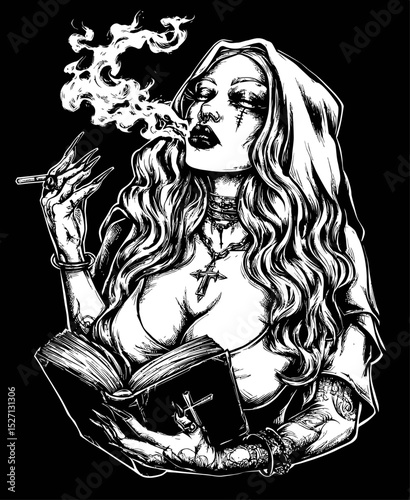 Gothic Hand-Drawn Illustration of a Woman with Smoke and Book