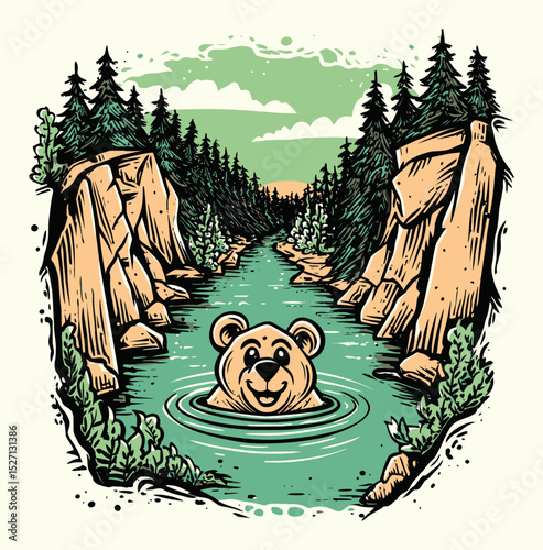 Happy Bear Swimming in Forest River Illustration in Vibrant Adventure Art