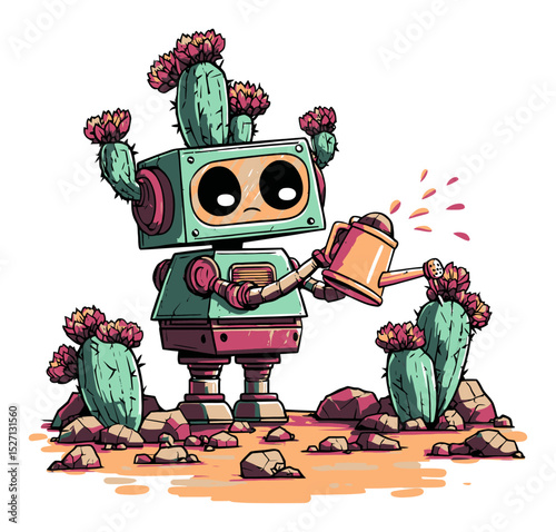 Cute Cartoon Robot Watering Cacti in Colorful Art Illustration Style