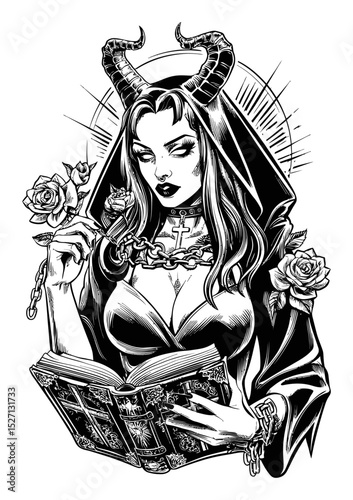 Dark Gothic Fantasy Illustration of a Woman Holding a Book