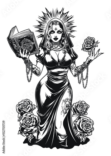 Gothic Fantasy Illustration of Woman with Book and Roses in Vector Art
