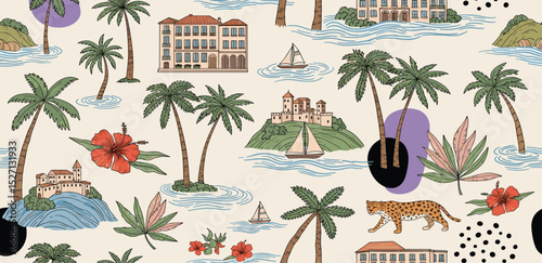 Tropical summer vibes with palm tree, sea island, sail boat, coastal urban sketching, ocean, hibiscus flower. Cute hand-drawn vector seamless pattern, 