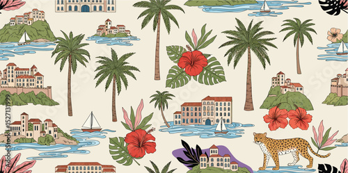 Tropical summer vibes with palm tree, sea island, sail boat, coastal urban sketching, ocean, hibiscus flower. Cute hand-drawn vector seamless pattern, 