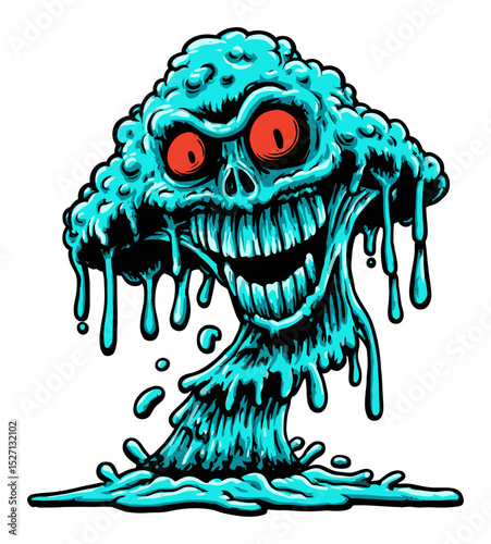 Cartoonish illustration of a vibrant, dripping toxic mushroom character