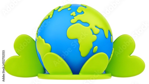 A cartoon globe with green continents and blue oceans supported by green leaves