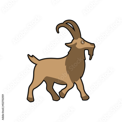 Cartoon Goat Walking Vector, Brown Farm Animal Clipart with Curved Horns.