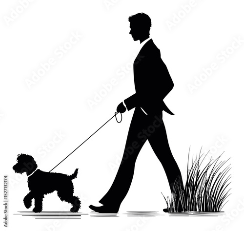Elegant Silhouette of a Person Walking a Dog in a Minimalist Style