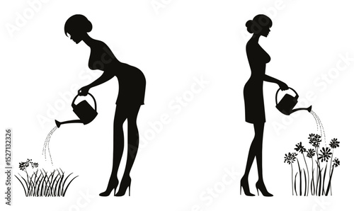 Elegant Silhouette of Woman Watering Plants in Hand-Drawn Style