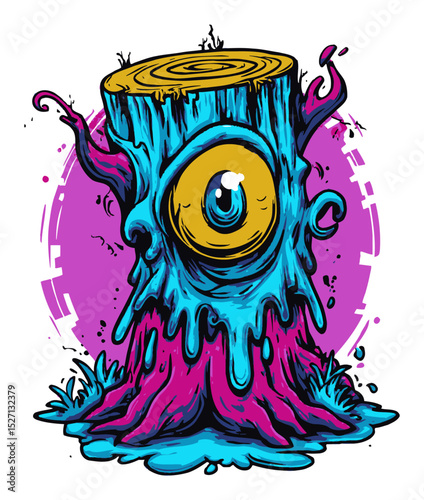 Colorful Cartoon Monster Tree Stump with Big Eye and Dripping Paint Design