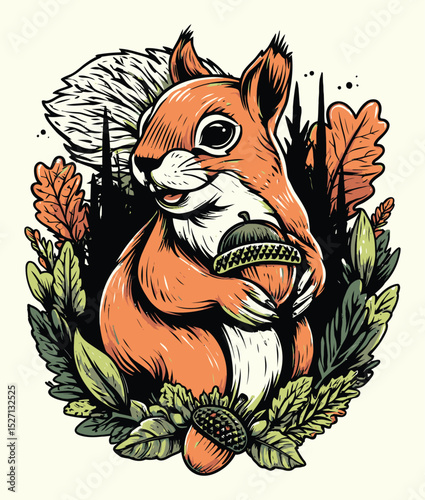 Cheerful Squirrel Character Surrounded by Vibrant Nature Elements
