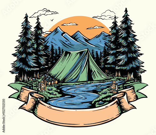 Colorful Camping Adventure Illustration with Trees and Mountains at Sunset