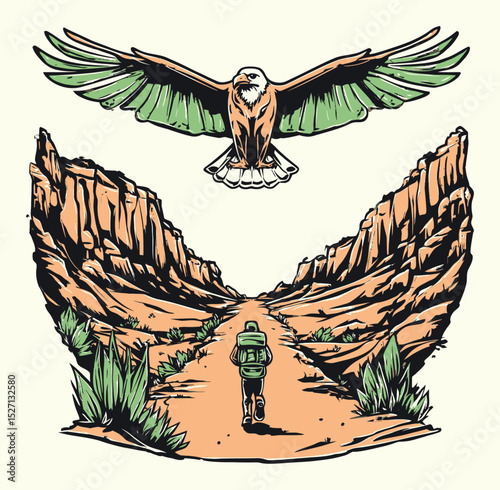 Adventurous Hiker in Desert Landscape with Majestic Eagle Flying Above