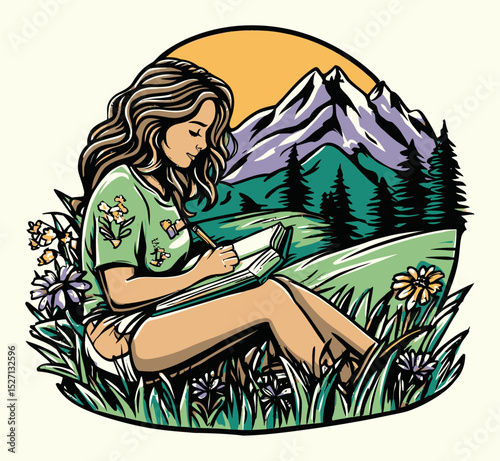Young Woman Writing in Nature with Mountains and Flowering Meadow