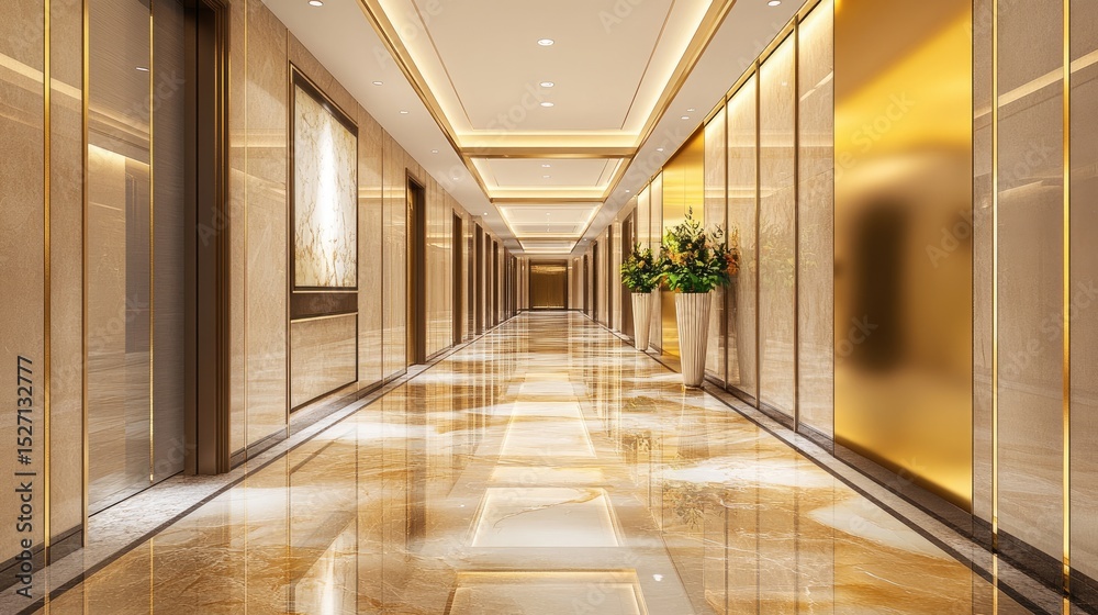 Obraz premium Elegant D-rendered hallway with recessed lighting, clean walls, and natural stone flooring
