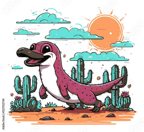Happy Cartoon Dinosaur in Desert With Cacti and Clouds Illustration