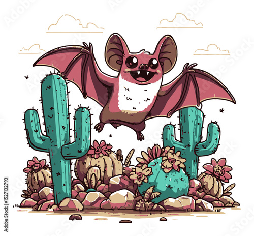 Playful Bat with Cacti and Flowers in Colorful Vector Style Illustration