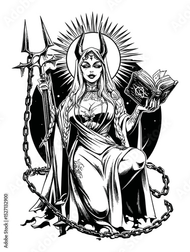 Dark Fantasy Illustration of Enchantress with Staff and Spellbook