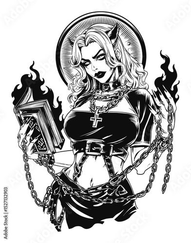 Gothic Fantasy Illustration of a Dark Priestess with Chains and Flames