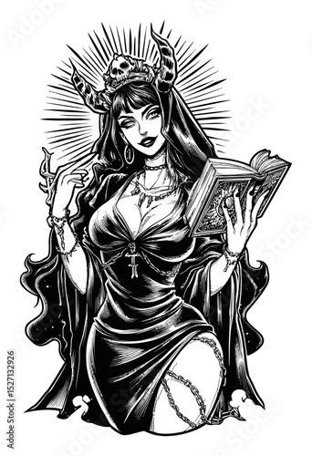 Gothic Fantasy Woman Holding Book with Crown and Skull in Vector Art