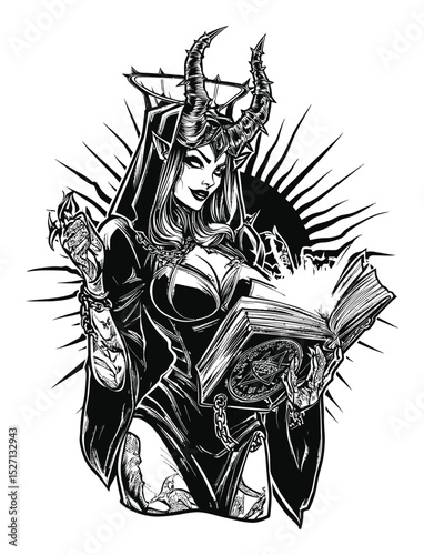Dark Fantasy Illustration of a Gothic Sorceress with Horns and Book