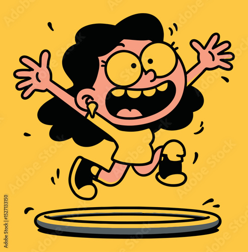 Joyful Cartoon Character Jumping with Excitement in Bright Yellow Background