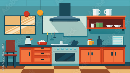 The industrialstyle kitchen was perfect for whipping up a quick lunch break meal in between projects.. Vector illustration