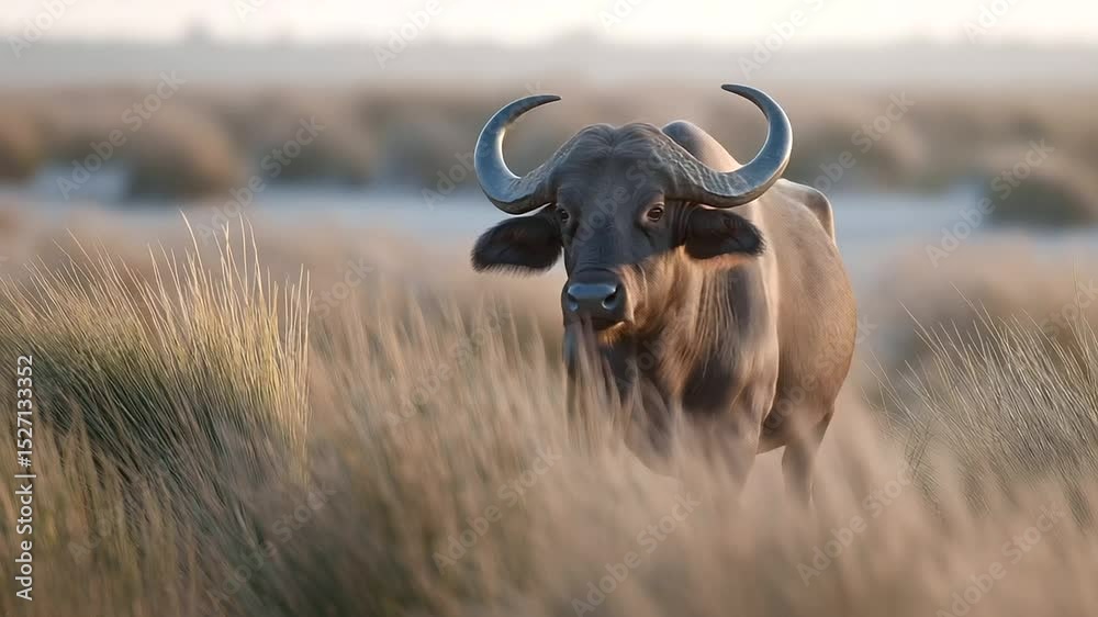 Majestic buffalo standing tall in grass with birds in the sky