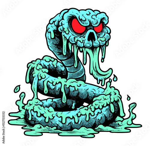 Cartoon snake illustration with creepy skull and green slime effects