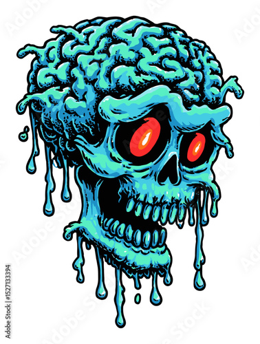 Creepy Cartoon Skull with Dripping Brain and Glowing Eyes Illustration