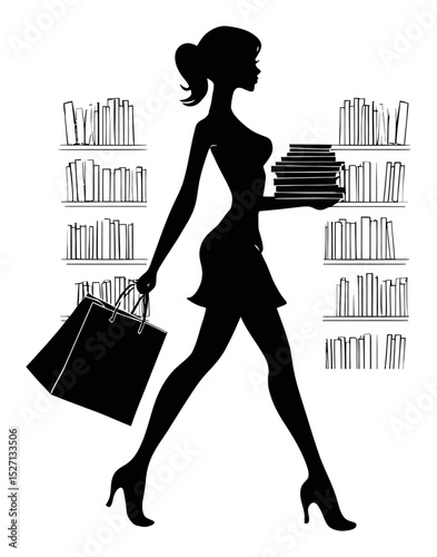Elegant silhouette of a woman carrying books and shopping bags in art