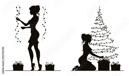 Elegant Silhouettes of Woman Decorating Christmas Tree and Gifts