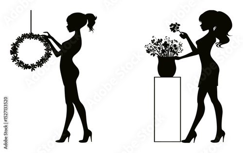 Elegant Silhouette Figures with Floral Elements and Artistic Touches
