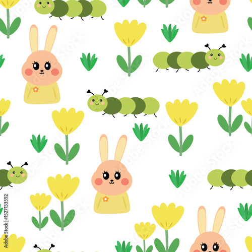 Seamless pattern cartoon bunny, yellow flower and spring vibes element. cute animal pattern for wallpaper, background and gift wrap paper