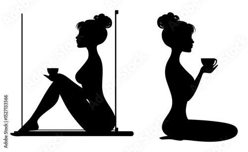 Elegant Hand-Drawn Silhouettes of Women with Cups in Various Poses
