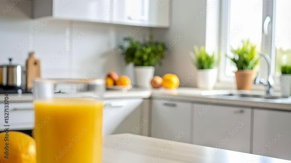 Fresh orange juice in a glass with oranges on a kitchen counter in a modern bright kitchen interior, offering a healthy beverage option Fresh orange juice in a glass with oranges on a kitchen counter in a modern bright kitchen interior, offering a healthy beverage option