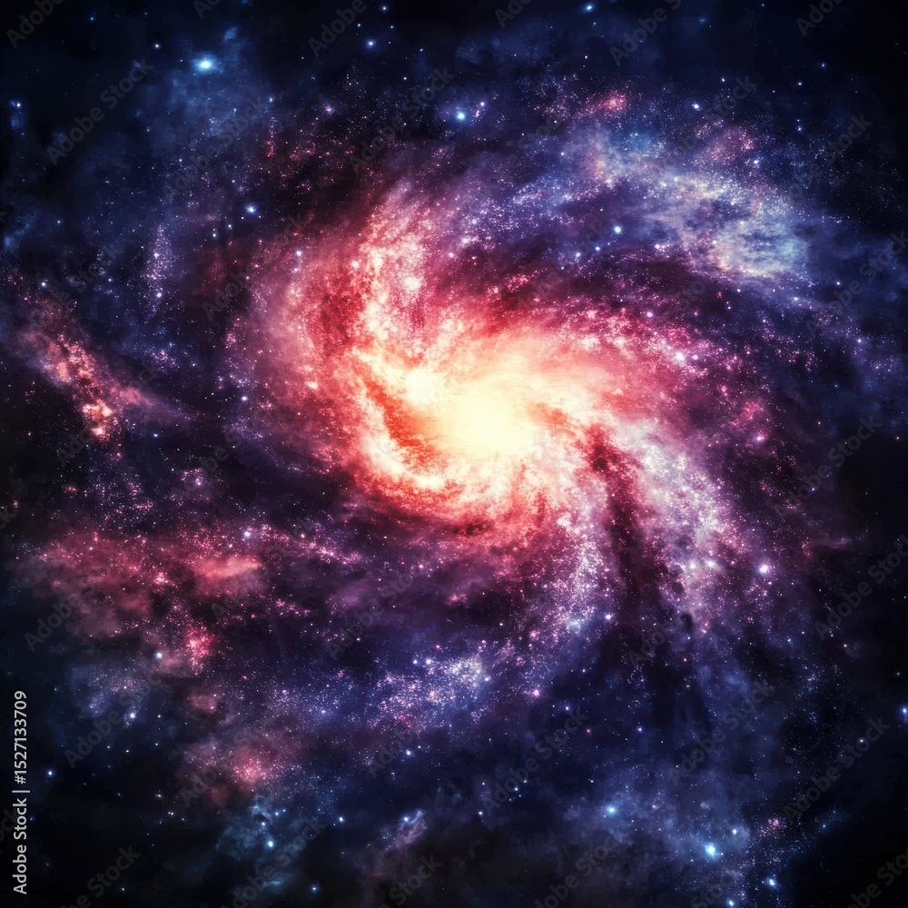 Naklejka premium A vibrant spiral galaxy with bright center and swirling arms of stars and cosmic dust clouds view