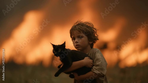 Young Boy Holding Black Cat Amidst Fiery Orange Sunset Landscape photo
