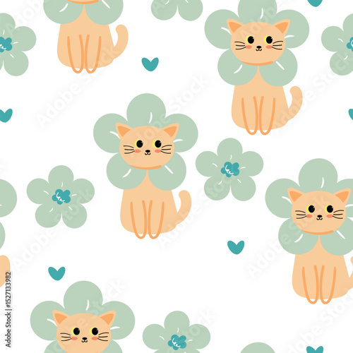 Seamless pattern cartoon cat, blue flower and spring vibes element. cute animal pattern for wallpaper, background and gift wrap paper