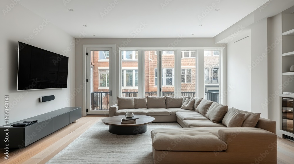 Fototapeta premium Light-filled modern living room with sectional sofa, wall-mounted TV, and minimalist decor