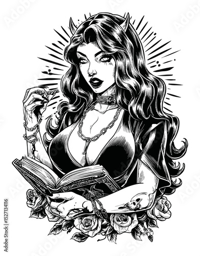 Elegant Gothic Fantasy Illustration of a Mysterious Woman with Book