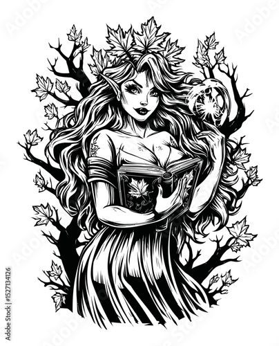 Enchanting Gothic Fantasy Illustration of a Forest Maiden with Book