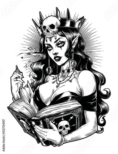 Elegant Gothic Fantasy Illustration of a Dark Queen with Book and Skull