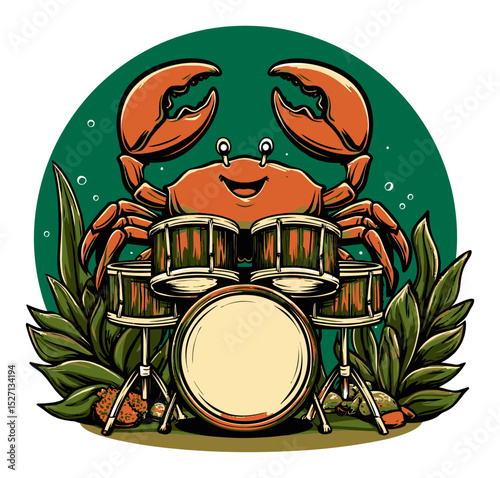 Playful Crab Cartoon Character Drumming in a Colorful Underwater Scene