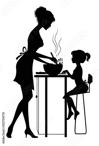 Elegant Silhouette of Woman Cooking with Child in Kitchen Scene