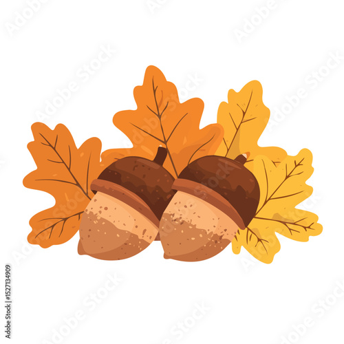 2D flat Autumn Acorns On Ground vector illustration, isolated on a white background.