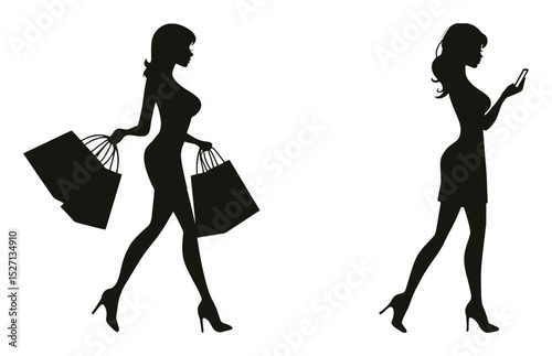 Elegant Silhouette of Woman Shopping and Using Smartphone, Hand-Drawn Art