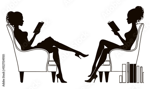 Elegant Silhouette of Two Women Reading Books in Stylish Armchairs